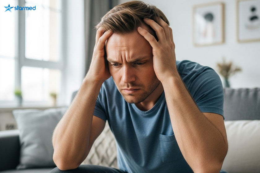 Мужчина сидит и держится руками за голову